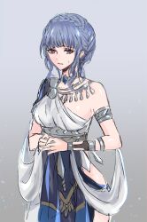 1girl alternate_costume ancient_greek_clothes armlet belly_chain blue_hair bracelet braid breasts brown_eyes choker cleavage closed_mouth cowboy_shot crown_braid dancer_(fire_emblem:_three_houses) dress fire_emblem fire_emblem:_three_houses greco-roman_clothes helen_(helen2210hk) highres jewelry marianne_von_edmund medium_breasts nintendo own_hands_together pelvic_curtain roman_clothes single-shoulder_dress solo sweat