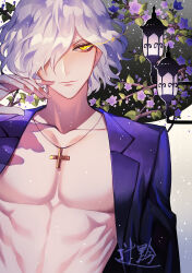 1boy abs absurdres alternate_costume artist_name bishounen closed_mouth cross cross_necklace edmond_dantes_(fate) eye_trail fate/grand_order fate_(series) flower grey_hair hair_over_one_eye hand_up highres jacket jewelry lantern lapels light_particles light_smile light_trail looking_at_viewer male_focus necklace notched_lapels open_clothes open_jacket pectorals purple_flower purple_jacket short_hair signature smile solo sqloveraven upper_body yellow_eyes