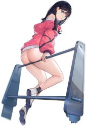 Rule 34 | 1girl, ass, azur lane, bare shoulders, black hair, black socks, blue eyes, blush, bottomless, breasts, closed mouth, earrings, exhibitionism, from behind, from below, full body, gridman universe, highres, jacket, jewelry, kurumi (recycllamo), legs, long hair, long sleeves, looking at viewer, looking back, no panties, off shoulder, open clothes, open jacket, pink jacket, public indecency, shirt, shoes, simple background, sneakers, socks, solo, ssss.gridman, sweater, takarada rikka, takarada rikka (blue sky station) (azur lane), thighs, third-party edit, white background, white shoes