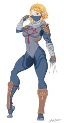1girl between_fingers blonde_hair breasts highres holding holding_knife knife knives_between_fingers looking_at_viewer mask nintendo princess_zelda sheik short_hair tagme the_legend_of_zelda the_legend_of_zelda:_breath_of_the_wild the_legend_of_zelda:_ocarina_of_time