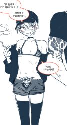 2boys androgynous arm_tattoo baseball_cap bishounen black_thighhighs blush choker cigarette crossdressing earrings eyeliner greyscale hat high_school_boy highres hong_iltak jewelry korean_commentary korean_text makeup male_focus male_with_breasts monochrome multiple_boys parkgee red_eyeliner short_hair short_shorts shorts size_difference smoking solo_focus spot_color tattoo thighhighs trap