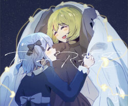 2girls bang_dream! bang_dream!_it&#039;s_mygo!!!!! blonde_hair blue_dress blue_hair blush bow closed_eyes commentary_request commission dress grey_bow grey_dress hair_bow long_sleeves misumi_uika multiple_girls open_mouth sangdingting sky star_(sky) starry_sky teeth togawa_sakiko two_side_up upper_teeth_only