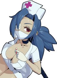 +_+ 1girl between_breasts blue_hair breasts choker cleavage collarbone eyepatch from_above gloves hair_over_one_eye half-closed_eyes hat large_breasts latex latex_gloves lireslol mask mouth_mask nurse_cap ponytail red_eyes sitting skullgirls solo surgical_mask symbol-shaped_pupils thermometer valentine_(skullgirls) white_background