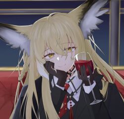1girl alcohol animal_ears arknights black_gloves blonde_hair closed_mouth commentary_request cup drink drinking_glass eyes_visible_through_hair facial_scar gloves hair_over_one_eye head_rest highres holding holding_drink long_hair long_sleeves looking_at_viewer multicolored_hair necktie partial_commentary red_necktie scar scar_on_cheek scar_on_face smile solo split_mouth streaked_hair upper_body vulpisfoglia_(arknights) white_hair wine wine_glass wolf7461_shiroi yellow_eyes