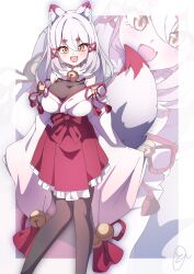 1girl absurdres animal_ears artist_request black_bodysuit body_freckles bodysuit bow breasts commission fox_ears fox_girl fox_tail freckles frills fur_collar gohei hair_between_eyes hair_bow hair_ornament hair_ribbon highres indie_virtual_youtuber japanese_clothes kagari_kitsune large_breasts long_hair long_sleeves messy_hair multicolored_hair nontraditional_miko pink_hair red_ribbon ribbon sidelocks simple_background skeb_commission skirt sleeves_past_fingers sleeves_past_wrists slit_pupils tail virtual_youtuber white_hair yellow_eyes