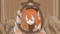 1girl a.i._voice adachi_rei brown_background chest_of_drawers closed_eyes closed_mouth commentary_request crumpled_paper curtains facing_viewer gloves haikei_(vocaloid) hair_ribbon halo hands_up headlamp holding holding_rope indoors jacket long_sleeves medium_hair messy_room monochrome_background noose one_side_up open_clothes open_jacket orange_hair ribbon rope rope_around_neck rope_halo shiroi_(shirooi_0002) smile solo trash_bag trash_can upper_body utau white_gloves white_jacket white_ribbon