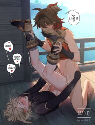 2boys anal artist_name bare_shoulders barefoot blonde_hair blush boots bottomless brown_hair closed_eyes colored_inner_hair english_text freminet_(genshin_impact) gaming_(genshin_impact) genshin_impact hair_between_eyes heart highres leg_grab legs_up lying male_focus mao_di multicolored_hair multiple_boys on_back open_mouth outdoors patreon_username penis precum red_hair red_tank_top sex speech_bubble sweat tank_top toes trap trembling two-tone_hair uncensored yaoi