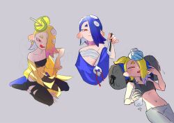 Rule 34 | 1girl, bag, blonde hair, blue hair, blush, bottle, capelet, capelet lift, capelet tug, chest sarashi, duffel bag, eyeliner, folding fan, food, fruit, full body, hair ornament, hair stick, hand fan, ice pack, jounetsu (jonetunoaoitako), licking lips, lime (fruit), lime slice, looking at viewer, looking up, lying, makeup, multiple views, navel, nintendo, on back, open mouth, pants, paper fan, red eyes, sarashi, shiver (splatoon), shiver (summer nights) (splatoon), sitting, smile, solo, splatoon (series), splatoon 3, sweat, tentacle hair, tongue, tongue out, torn clothes, torn pants, upper body, wariza, water bottle