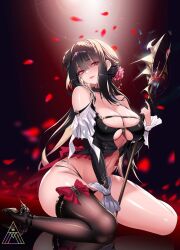 Rule 34 | 1girl, bare shoulders, black choker, black hair, blush, breasts, choker, cleavage, commentary, earrings, english commentary, falling petals, hair ornament, high heels, highres, holding, holding polearm, holding weapon, jewelry, large breasts, long hair, looking at viewer, mad kimo, navel, original, petals, polearm, red eyes, revealing clothes, single thighhigh, sitting, smile, solo, thighhighs, underboob, wariza, weapon