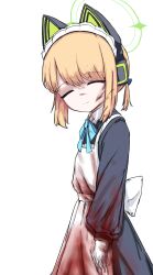 1girl absurdres animal_ear_headphones animal_ears apron aqua_bow aqua_ribbon arm_at_side back_bow black_dress blonde_hair blood blood_in_hair blood_on_clothes blood_on_face blood_on_hands bloody_clothes bloody_dress blue_archive bow cat_ear_headphones cat_ears closed_eyes closed_mouth collared_dress commentary contrast_collar darauk11 dot_nose dress facing_to_the_side facing_viewer fake_animal_ears from_side green_halo hair_bow halo headphones highres korean_commentary long_sleeves maid maid_apron maid_headdress midori_(blue_archive) midori_(maid)_(blue_archive) neck_ribbon official_alternate_costume ponytail puffy_long_sleeves puffy_sleeves ribbon short_hair short_ponytail sidelocks simple_background smile solo split_mouth turning_head white_apron white_background white_bow white_headdress