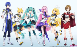 1boy 5girls breasts full_body halterneck hatsune_miku highres kagamine_len kagamine_rin kaito_(vocaloid) kamo_kamen long_hair meiko_(vocaloid) miniskirt multiple_girls necktie notice off_shoulder silk skirt spider_web thighhighs twintails very_long_hair vest vocaloid white_vest