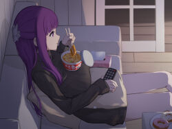 1girl aburaage adjusting_hair black_sweater blunt_bangs breasts chopsticks closed_mouth commentary_request crying crying_with_eyes_open cup_ramen donut eating fern_(sousou_no_frieren) food food_on_body food_on_breasts from_above from_side holding holding_chopsticks indoors instant_udon kitsune_udon laofuzi_dai_bansho large_breasts light_blush long_hair long_sleeves maruchan_akai_kitsune_udon no_pants object_on_breast purple_eyes purple_hair purple_pupils ribbed_sweater shadow sitting solo sousou_no_frieren sweater tears tissue_box turtleneck turtleneck_sweater very_long_hair