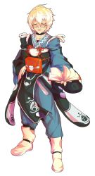 1boy ahoge alphes_(style) bag blue_pants blush book boots collarbone commentary_request dairi full_body glasses hand_on_own_hip highres holding holding_book japanese_clothes kimono large_variant_set long_sleeves male_focus morichika_rinnosuke pants parody red_bag short_hair solo standing style_parody tachi-e touhou variant_set white_boots white_hair yellow_eyes