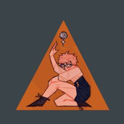 1girl arm_up black_boots blue_eyes blue_shorts boots brooch commentary full_body glasses high-waist_shorts jewelry kyokugen_dasshutsu on_one_knee phi_(kyokugen_dasshutsu) shirt short_hair shorts solo very_short_hair white_hair white_shirt xng.png zero_escape:_toki_no_dilemma