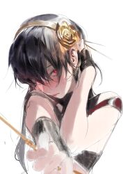 1girl absurdres bare_shoulders black_dress black_hair blush breasts cleavage commentary dress earrings flower gloves glowing glowing_eyes hair_ornament hairband half-closed_eyes highres holding jewelry kurikabacha long_hair looking_at_viewer medium_breasts nose_blush red_eyes sidelocks simple_background solo spy_x_family tucking_hair upper_body weapon white_background yor_briar