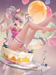 1girl animal_ears armpits ass bad_link bare_arms bare_legs barefoot bell berry blue_eyes blueberry blush bracelet braid breasts cake cat_ears cat_girl cleavage cleavage_cutout clothing_cutout collar collarbone cowbell cream cup drinking_glass food fork fruit globe gradient_background grey_hair hair_ornament hair_ribbon heart heart-shaped_pupils highres holding holding_ice_cream_cone ice_cream ice_cream_cone jewelry large_breasts leaf legband leotard necklace original pearl_necklace pink_leotard plate pussy pussy_peek reflection ribbon sad shining shiny_skin sitting sitting_on_food solo string_of_pearls sweatdrop symbol-shaped_pupils thigh_strap tiara tuzhate twin_braids twintails wine_glass