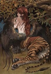 1girl absurdres branch brown_hair brown_wings centauroid claws commentary feathered_wings full_body gold_can griffin_girl half_updo hand_up highres leaf long_hair looking_at_viewer looking_back monster_girl multiple_legs nude on_grass original outdoors parted_lips pawpads pointy_ears sidelocks sitting solo tail talons taur tiger_tail wings