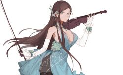 1girl black_leggings blue_dress blue_eyes blue_flower blue_rose breasts brown_hair cleavage cowboy_shot dress elbow_gloves flower frilled_wrist_cuffs frills gloves hair_flowing_over hair_ornament hair_over_shoulder holding holding_instrument holding_violin instrument leggings long_hair looking_at_viewer music original playing_instrument rose side_slit signature simple_background solo twisted_torso very_long_hair violin white_background wrist_cuffs yoimon