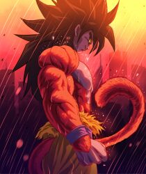 Rule 34 | 1boy, biceps, black hair, body fur, ch nadhir, dragon ball, dragon ball gt, highres, long hair, male focus, monkey boy, monkey tail, muscular, muscular male, pants, red fur, saiyan, smirk, solo, son goku, spiked hair, super saiyan, super saiyan 4, tail