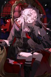 1girl absurdres arknights birdcage black_boots black_gloves black_jacket black_skirt bolo_tie boots cage chinese_commentary commentary_request feet_out_of_frame gloves grey_eyes grey_hair hair_between_eyes hair_ornament hairclip head_rest highres jacket knee_boots lappland_(arknights) lappland_the_decadenza_(arknights) light_particles long_hair long_sleeves looking_at_viewer making-of_available material_growth open_mouth oripathy_lesion_(arknights) sharp_teeth shenbeining79537 sitting skirt smile solo teeth upper_teeth_only