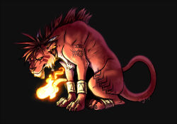 1boy artist_name bangle body_markings bracelet claws closed_mouth commentary english_commentary eyrri_art facial_mark feather_hair_ornament feathers fiery_tail final_fantasy final_fantasy_vii hair_ornament jewelry looking_at_viewer male_focus mane red_fur red_hair red_xiii sitting tail