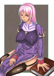 1girl alternate_color breasts brown_thighhighs covered_erect_nipples cross cross_necklace female_focus garter_straps jewelry large_breasts long_hair necklace pink_eyes pink_hair priest_(ragnarok_online) ragnarok_online shiny_clothes solo thighhighs zxc