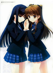 10s 2girls absurdres black_hair blazer brown_eyes brown_hair hair_ribbon highres holding_hands jacket long_hair looking_at_viewer multiple_girls nakamura_takeshi necktie non-web_source ogiso_setsuna own_hands_together pleated_skirt ribbon school_uniform simple_background skirt touma_kazusa white_album_(series) white_album_2
