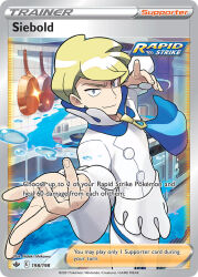Rule 34 | 1boy, artist name, blonde hair, blue eyes, card (medium), character name, closed mouth, company name, copyright name, copyright notice, english text, fingernails, frying pan, glint, indoors, ishikawa hideki, kitchen, long sleeves, male focus, nintendo, official art, outstretched arm, pokemon, pokemon card, pokemon tcg, pokemon xy, shirt, short hair, siebold (pokemon), solo, third-party source, trading card, v-shaped eyebrows, water, water drop, white shirt