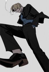 1boy black_shoes blonde_hair blue_shirt cigarette curly_eyebrows dodo_(cutedodo3131ns) facial_hair formal_clothes hair_over_one_eye highres male_focus mustache_stubble one_piece sanji_(one_piece) shirt shoes smoking solo stubble suit