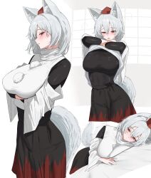 1girl 258n absurdres animal_ear_fluff animal_ears black_shirt black_skirt blush breasts cowboy_shot detached_sleeves hat highres inubashiri_momiji large_breasts looking_at_viewer multiple_views open_mouth pom_pom_(clothes) red_eyes red_hat red_skirt shirt short_hair skirt sleeveless sleeveless_shirt tail tokin_hat touhou turtleneck turtleneck_shirt two-tone_skirt undershirt white_hair white_shirt white_sleeves wolf_ears wolf_girl wolf_tail