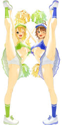 2girls absurdres ahoge armpits arms_up blonde_hair blue_socks blush breasts brown_hair cheering cheerleader crop_top dual_persona flexible full_body green_socks hat highres holding holding_pom_poms hoshii_miki idolmaster idolmaster_(classic) idolmaster_1 kneepits kozuka_yasushi leg_lift leg_up long_hair looking_at_viewer multiple_girls navel one_eye_closed open_mouth panties pom_pom_(cheerleading) pom_poms shoes short_hair simple_background skirt sneakers socks split standing standing_on_one_leg standing_split underboob underwear white_background white_panties white_shoes