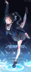1girl 4ding :d absurdres ballet black_hair black_shoes blazer blue_bow blue_jacket blush bow commentary dress dress_shirt full_body gradient_background grey_dress hair_bow half-closed_eyes hazuki_ren high_ponytail highres jacket kneehighs leg_up loafers long_hair long_sleeves looking_at_viewer love_live! love_live!_superstar!! neck_ribbon open_clothes open_jacket open_mouth outstretched_arms ponytail red_ribbon ribbon ripples school_uniform shirt shoes short_dress smile socks solo spread_arms spread_legs twitter_username white_shirt white_socks winter_uniform yellow_eyes yuigaoka_school_uniform