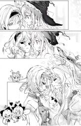 Rule 34 | 2girls, alice margatroid, blush, braid, closed mouth, doll, dress, embarrassed, face-to-face, forehead-to-forehead, from side, hair between eyes, hairband, hat, heads together, highres, hourai doll, kirisame marisa, lolita hairband, long hair, looking at another, medium hair, monochrome, multiple girls, sesmkun, shanghai doll, shirt, short sleeves, touhou, vest, wavy hair, witch hat
