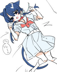 Rule 34 | 1girl, :o, animal collar, animal ears, blue dress, blue eyes, blue hair, blue ribbon, blush, cat ears, cat tail, collar, commentary request, dress, feet out of frame, hair ribbon, highres, kanduki kamibukuro, kemonomimi mode, kneehighs, knees together feet apart, link! like! love live!, long hair, love live!, low twintails, lying, medium dress, murano sayaka, neckerchief, nyan, on back, open mouth, paw pose, pleated dress, puffy short sleeves, puffy sleeves, raised inner eyebrows, red collar, red neckerchief, ribbon, sailor collar, sailor dress, short sleeves, sketch, socks, solo, speech bubble, tail, twintails, virtual youtuber, white sailor collar, white socks