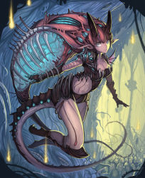 1girl alien claws egg fantasy female_focus grey_eyes horns light_smile looking_at_viewer monster monster_girl nest original pointy_ears see-through_clothes solo tail takotto tentacles