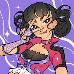 1girl :p asian black_eyes black_hair black_nails black_shirt blunt_bangs bright_pupils choker closed_mouth collarbone collared_jacket commentary cropped_jacket double_bun fingerless_gloves fishnet_gloves fishnets frilled_shirt frills gloves hair_bun happy high_collar highres jacket light_blush lips musa_(winx_club) nail_polish nostrils pink_choker pink_jacket pocket purple_background purple_gloves purple_ribbon ribbon shirt short_hair short_sleeves smile solo sparkle strapless strapless_shirt thick_eyebrows tongue tongue_out upper_body v white_pupils wikate winx_club