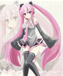 Rule 34 | 1girl, arm tattoo, beatmania iidx, bemani, black boots, black skirt, black sleeves, blush, boots, borrowed hairstyle, breasts, closed mouth, commentary request, cosplay, detached sleeves, expressionless, feet out of frame, grey shirt, hatsune miku, hatsune miku (cosplay), headset, highres, long hair, looking at viewer, medium breasts, miniskirt, mizushiro celica, necktie, number tattoo, pink hair, pink necktie, pleated skirt, purple eyes, shirt, skirt, sleeveless, sleeveless shirt, solo, standing, tattoo, temetemetomo, thigh boots, twintails, very long hair, vocaloid, zoom layer