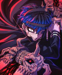 Rule 34 | 1boy, black cape, cape, chamuchai, constricted pupils, dual wielding, earrings, evil grin, evil smile, eye print, eyepatch, glint, grin, highres, holding, holding weapon, jewelry, last defense academy school uniform, long sleeves, looking at viewer, male focus, omokage yugamu, pink eyes, print eyepatch, purple hair, school uniform, short hair, sketch, smile, solo, the hundred line -last defense academy-, weapon