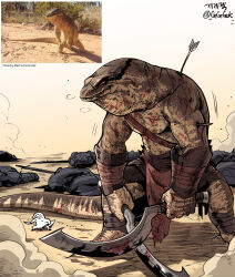 Rule 34 | arrow (projectile), arrow in body, blood, bloody weapon, bracer, creature and personification, dual wielding, dust, gegegekman, highres, holding, injury, khopesh, leg wrap, lizard, lizard tail, lizardman, original, personification, photo inset, reptile boy, scar, signature, sword, tail, weapon