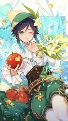 1boy absurdres apple black_hair blue_hair braid closed_mouth cowboy_shot food fruit genshin_impact green_hat green_shorts hat highres holding holding_food holding_fruit looking_at_viewer male_focus medium_hair misoshiru_umai4 multicolored_hair one_eye_closed pantyhose shirt shorts smile solo twin_braids two-tone_hair venti_(genshin_impact) watermark white_pantyhose white_shirt