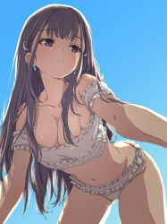 1girl 22/7 backlighting bent_over bikini blue_sky breasts cleavage collarbone commentary cowboy_shot crescent crescent_hair_ornament day earrings fanged_bangs frilled_bikini frills from_below gluteal_fold groin hair_ornament highres ichinose_hotaru jewelry kurubushinenza long_hair looking_to_the_side medium_breasts mole mole_under_eye navel outdoors parted_lips purple_eyes purple_hair sidelocks sky solo straight_hair swimsuit white_bikini