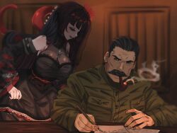 1boy 1girl absurdres arms_on_table black_dress black_hair black_pantyhose breasts cleavage commentary desk detached_sleeves dress eldritch_abomination facial_hair furrowed_brow futakuchi_mana highres holding holding_pen indie_virtual_youtuber indoors joseph_stalin khlam_vorony lace lace-trimmed_dress lace_trim large_breasts lipstick long_hair long_sleeves looking_at_another makeup mustache nib_pen_(object) pantyhose parted_lips pen pipe_in_mouth real_life red_lips short_hair sleeveless sleeveless_dress smoke smoking smoking_pipe table very_long_hair virtual_youtuber wide_sleeves wooden_table writing