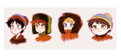 Rule 34 | 4boys, black hair, blonde hair, blue eyes, blue hat, blush, border, brown eyes, brown hair, brown jacket, closed mouth, coat, collared jacket, commentary, covered mouth, english commentary, eric cartman, freckles, fur-trimmed hood, fur trim, green eyes, green hat, grey background, hair between eyes, hat, heterochromia, highres, hood, hooded coat, jacket, kenny mccormick, kyle broflovski, male focus, multiple boys, orange coat, orange hair, pom pom (clothes), red jacket, rrrrrrrrrrrou1, short hair, simple background, smile, south park, stan marsh, wavy hair, white border