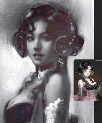 Rule 34 | 1girl, anjo nala, bare shoulders, breasts, cleavage, curled horns, dress, elbow gloves, from side, gloves, greyscale, highres, horns, long hair, looking at viewer, low horns, monochrome, nikolas (nikolardon), reference inset, reverse:1999, sleeveless, sleeveless dress, solo, upper body