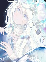 1girl blue_eyes commentary_request doll_joints elden_ring elden_ring_nightreign flower hair_flower hair_ornament highres joints long_hair looking_at_viewer parted_lips quad_braids revenant_(elden_ring) solo sumi_keiichi upper_body veil white_eyes white_hair