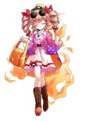 1girl alphes_(style) antinomy_of_common_flowers bag belt_boots black_hat boots bow bracelet brown_boots brown_hair closed_eyes closed_mouth commentary_request dairi dress drill_hair earrings eyewear_on_head facing_viewer fire flat_chest full_body furrowed_brow gem gem_(symbol) hair_bow hair_ribbon handbag hat hat_bow head_tilt holding holding_bag jacket jewelry large_variant_set long_hair long_sleeves multiple_hair_bows necklace open_clothes open_jacket parody pendant purple_jacket red_bow red_ribbon ribbon ring solo style_parody sunglasses sweatdrop top_hat touhou transparent_background turtleneck twin_drills variant_set walking white_bow white_dress wide_sleeves yorigami_jo&#039;on