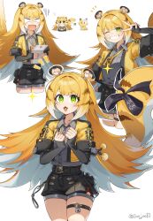 +_+ 1girl ? absurdres animal_ears bell black_bow black_shorts blank_eyes blonde_hair bow cat colored_inner_hair commentary_request cowboy_shot cropped_legs equal_sign gloom_(expression) green_eyes grey_shirt grin heart highres holding holding_letter jacket jeehyung_seo jewelry jingle_bell ju_fufu letter long_hair looking_at_viewer multicolored_hair multiple_views necklace notice_lines one_eye_closed open_mouth shirt shorts simple_background smile striped_hair tail tail_bow tail_ornament thigh_strap tiger_ears tiger_girl tiger_stripes tiger_tail twitter_username v v_over_eye white_background white_hair yellow_jacket zenless_zone_zero