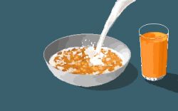 blue_background bowl cereal corn_flakes food glass highres hisachan55cute juice milk no_humans orange_juice original out_of_frame pixel_art scenery shadow simple_background splashing