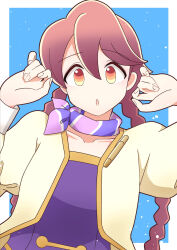 1girl apocalypse_hotel blue_background braid brown_eyes brown_hair hands_up highres multicolored_eyes orange_eyes purple_scarf scarf simple_background ten_agune twin_braids twintails upper_body yachiyo_(apocalypse_hotel) yellow_eyes
