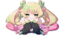 1girl bare_shoulders between_breasts black_jacket black_straps black_top blonde_hair bow bralette breasts cleavage closed_mouth commentary_request crop_top double_ponytail food green_bow green_eyes green_jacket green_ribbon hair_ornament head_on_hand highres horns indie_virtual_youtuber jacket jewelry light_blush long_hair long_sleeves looking_at_viewer medium_breasts multicolored_hair multicolored_jacket noodles off_shoulder pasta pastaroniravioli pink_hair pink_jacket ponytail resting_head_on_hand ribbon sleeveless sleeves_past_wrists smile solo strap strap_between_breasts tagme thank_you two-tone_hair upper_body virtual_youtuber white_background